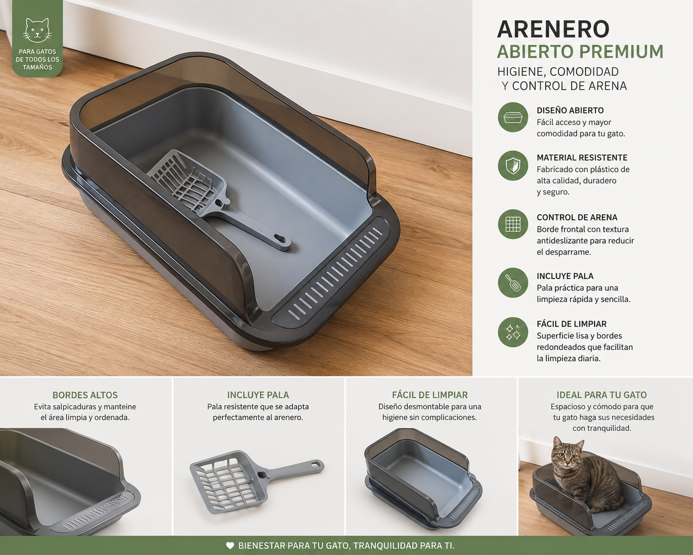 Arenero abierto premium para gatos 🐱✨